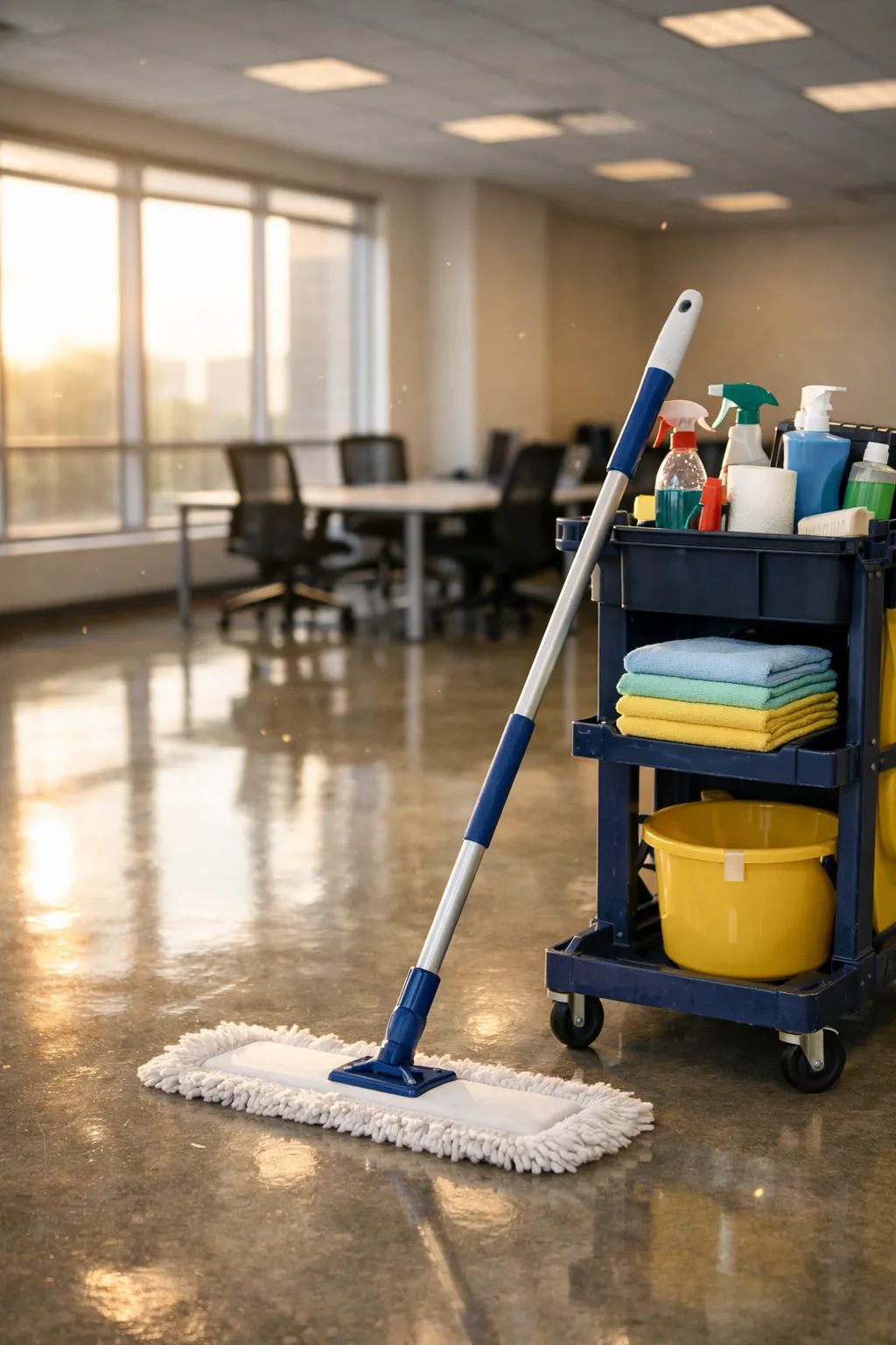 Professional cleaner wiping surfaces in a bright Nokomis office
