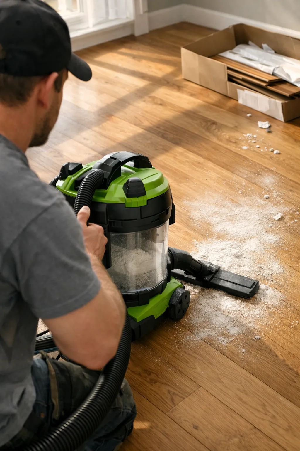 Cleaner removing construction dust from a newly renovated room in Nokomis