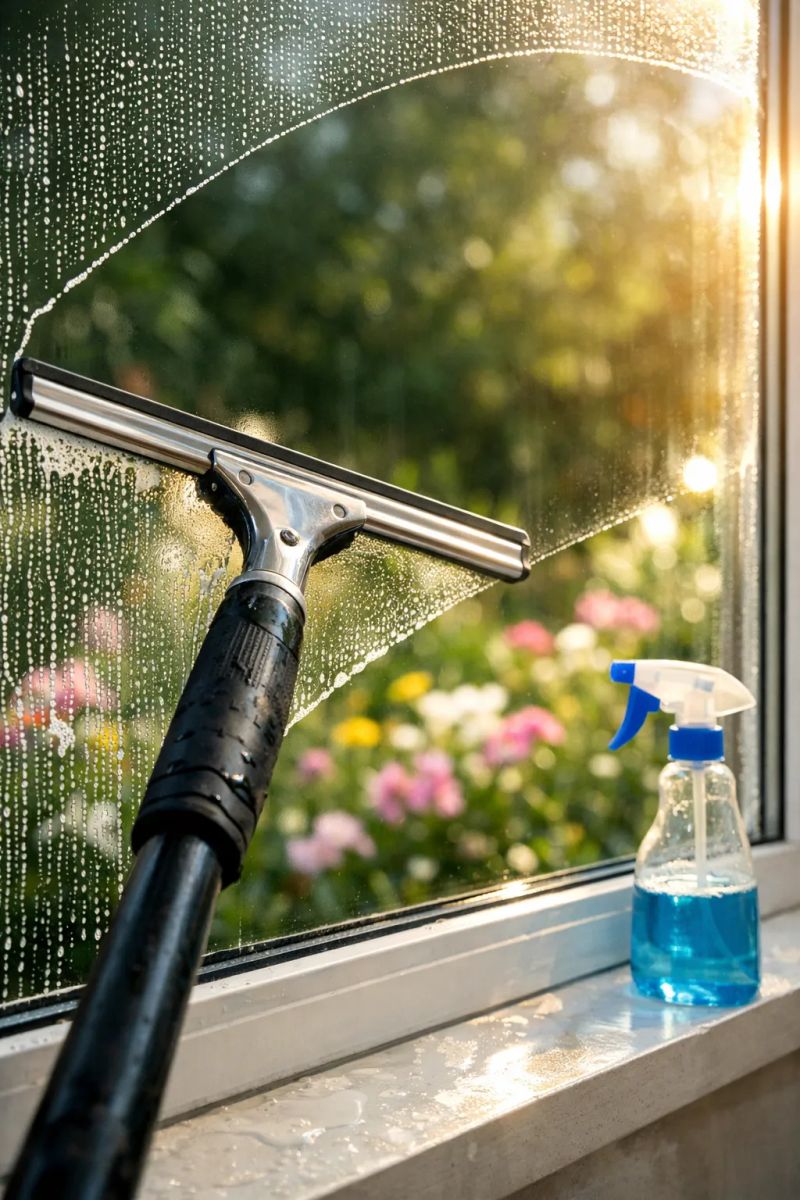 Cleaner polishing a bright residential window